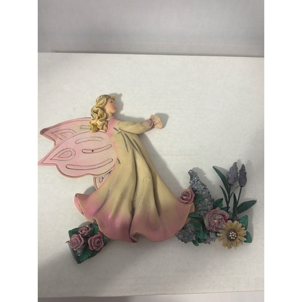 Vintage WMG 2005 Fairy Wall Plaque Resin Pink Butterfly Wings Floral Decor